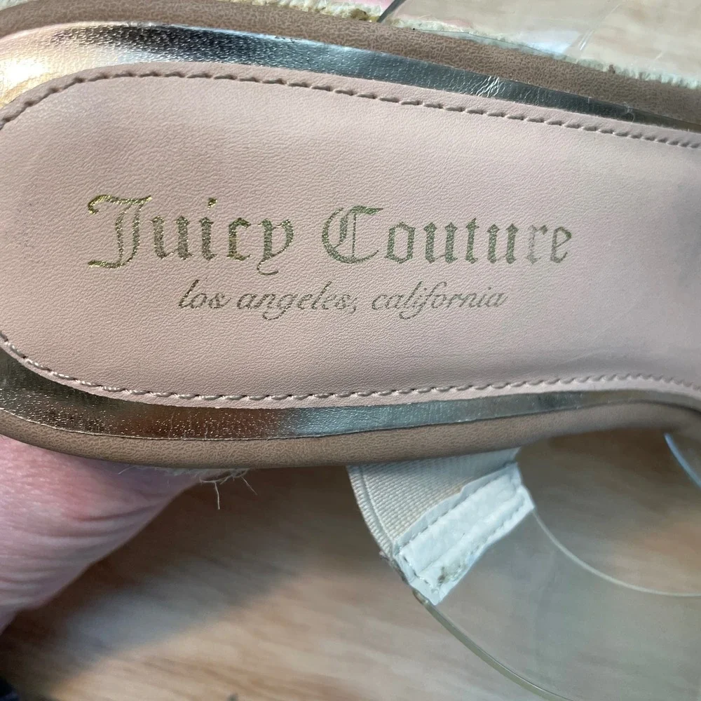 Juicy Couture‎ Cristene Clear Rhinestone Logo Espadrille Wedge Sandals Tan 9.5